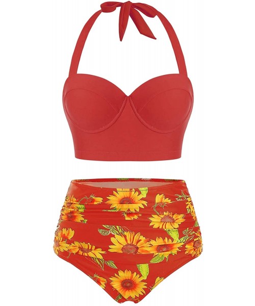 Racing Women Sunflower Print Underwire Halter Bikini Swimsuit - Red - CE198403SGX