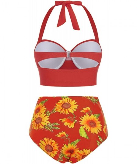 Racing Women Sunflower Print Underwire Halter Bikini Swimsuit - Red - CE198403SGX