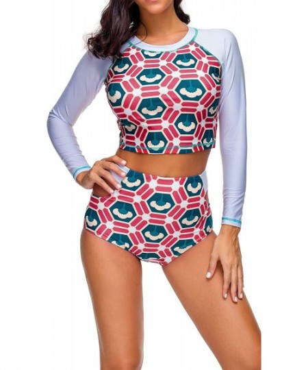 Rash Guards Women Long Sleeve Sun Protection Rash Guard 2 Pieces Swimsuit Set - White - Geometric Print - C318SXMZEUZ