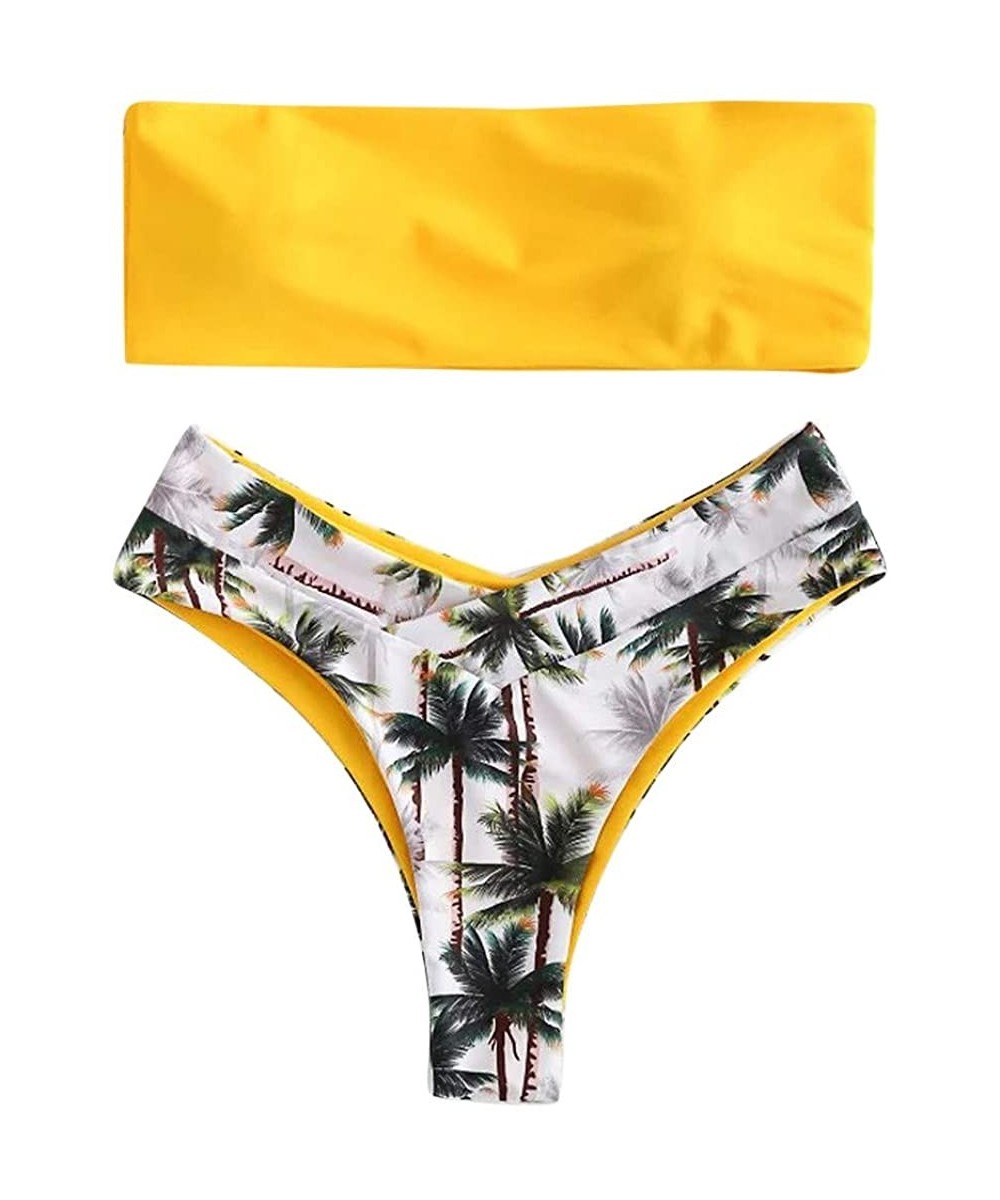 Sets Women's High Cut Bandeau Bikini Set Strapless Solid Color Top Leaf Print Thong Bathing Suit Swimsuit - Yellow - CH199GQ5HHN