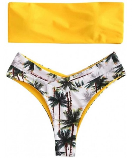 Sets Women's High Cut Bandeau Bikini Set Strapless Solid Color Top Leaf Print Thong Bathing Suit Swimsuit - Yellow - CH199GQ5HHN