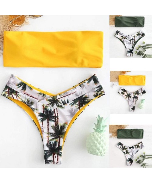 Sets Women's High Cut Bandeau Bikini Set Strapless Solid Color Top Leaf Print Thong Bathing Suit Swimsuit - Yellow - CH199GQ5HHN