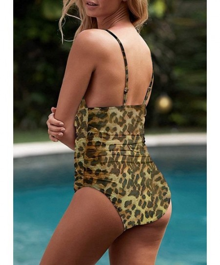 One-Pieces Women Floral Printed Tummy Control Halter One Piece Swimsuit Ruched Cutout Swimwear Monokini - Leopard - CH199LKU7QQ