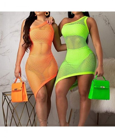 Cover-Ups Women One Shoulder See Through Beach Cover Up Dress Fishnet Bodycon Mini Dresses Clubwear - Green - C518SC6EA75