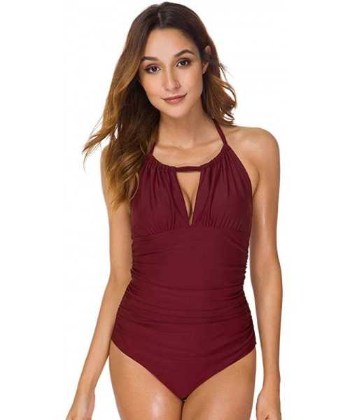 One-Pieces Women's Tummy Control One Piece Swimsuit High Neck Cutout Halter Monokini Bathing Suit - Wine Red - CL18UK56LID