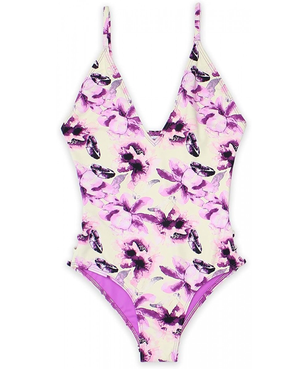 One-Pieces Low V-Neck Caged Side with Spaghetti Straps Moderate Coverage One Piece Bikini - Orchid - CC18LLQ9QEZ