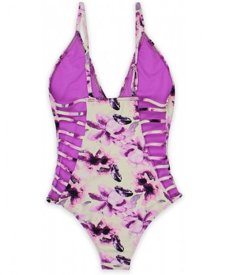 One-Pieces Low V-Neck Caged Side with Spaghetti Straps Moderate Coverage One Piece Bikini - Orchid - CC18LLQ9QEZ