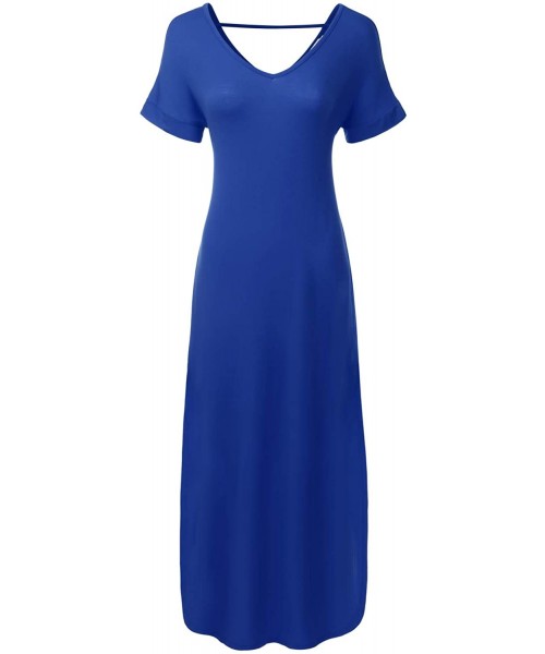 Cover-Ups Women's Short Sleeve Loose Split Long Maxi Dress with Pockets (XS-XXL) - Dbd003_royalblue - CI195RMWG2I