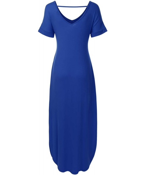 Cover-Ups Women's Short Sleeve Loose Split Long Maxi Dress with Pockets (XS-XXL) - Dbd003_royalblue - CI195RMWG2I