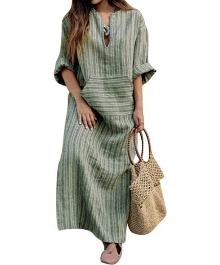 Cover-Ups Women Summer Stripe Long Sleeve V-Neck Cotton Linen Plus Size Kaftan Dress - 04-green - CX18SWC047Y