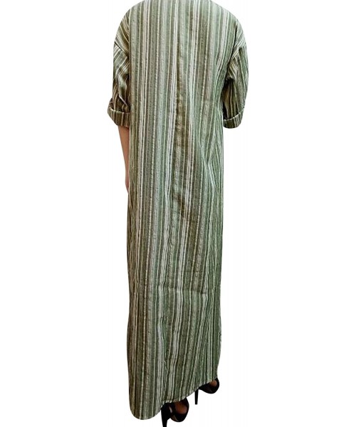 Cover-Ups Women Summer Stripe Long Sleeve V-Neck Cotton Linen Plus Size Kaftan Dress - 04-green - CX18SWC047Y