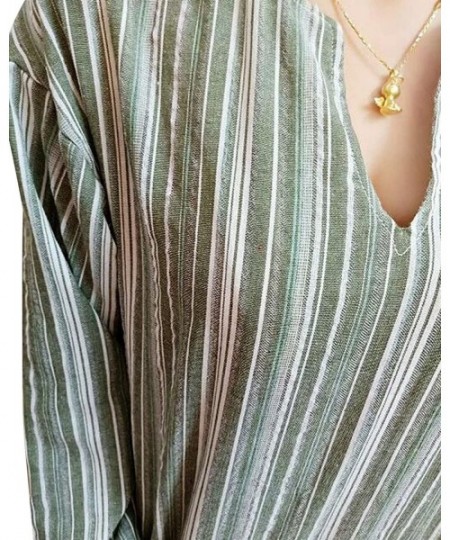 Cover-Ups Women Summer Stripe Long Sleeve V-Neck Cotton Linen Plus Size Kaftan Dress - 04-green - CX18SWC047Y