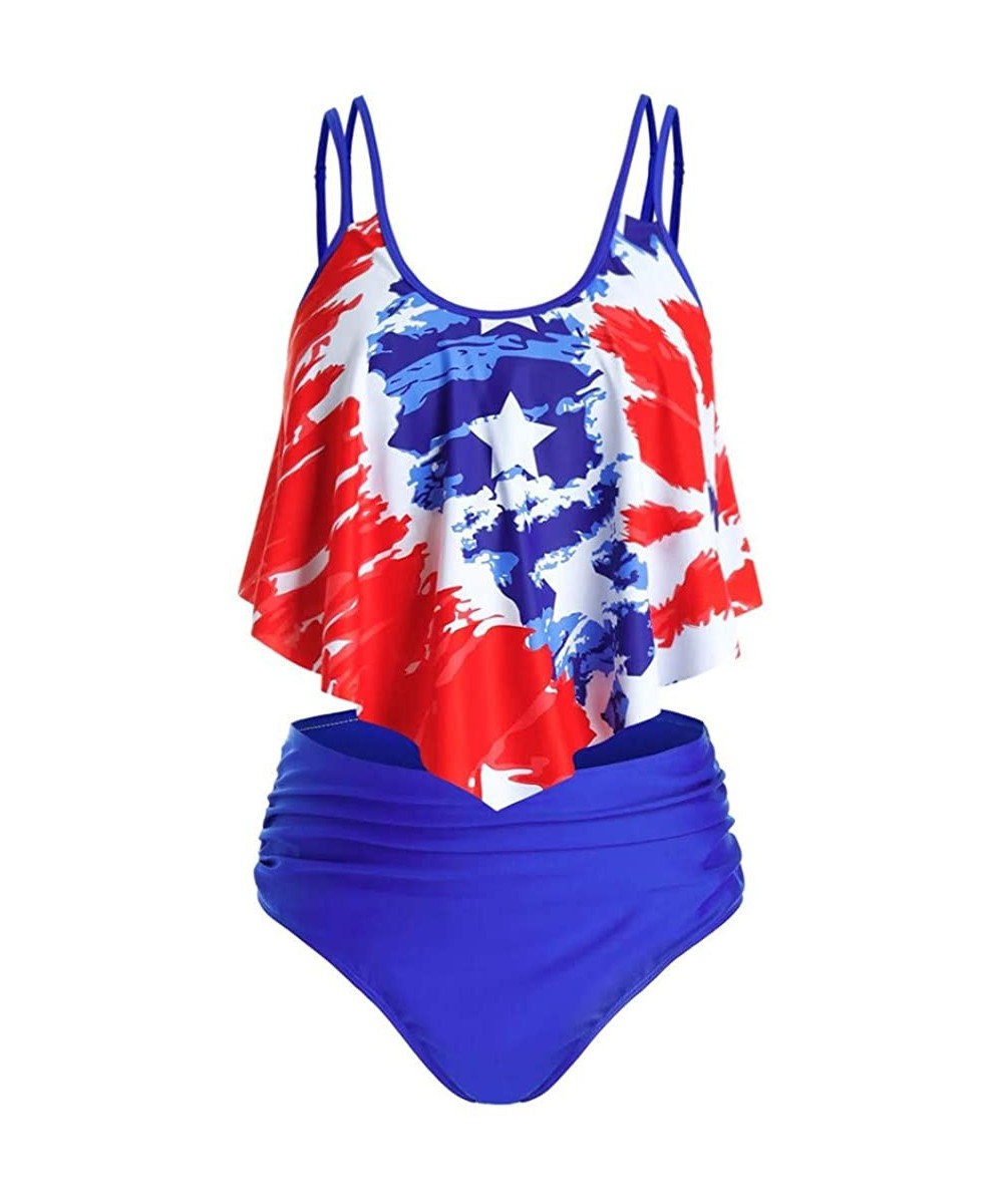 Sets Women Two Pieces Bathing Suits Top Ruffled with High Waisted Bottom Bikini Set Tankini Switmsuit - Blue Af - CH190SZ2XGA