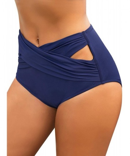 Tankinis Women's High Waisted Swim Bottom Ruched Bikini Tankini Swimsuit Briefs - Y Navy - CO193Z904K0