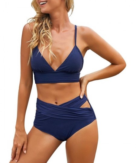 Tankinis Women's High Waisted Swim Bottom Ruched Bikini Tankini Swimsuit Briefs - Y Navy - CO193Z904K0