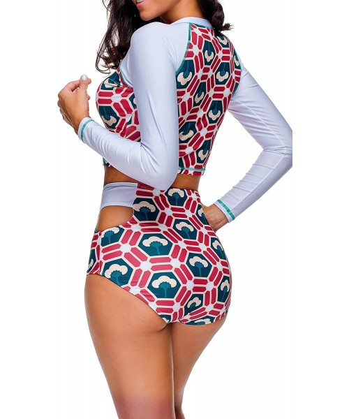 Rash Guards Women Long Sleeve Sun Protection Rash Guard 2 Pieces Swimsuit Set - White - Geometric Print - C318SXMZEUZ