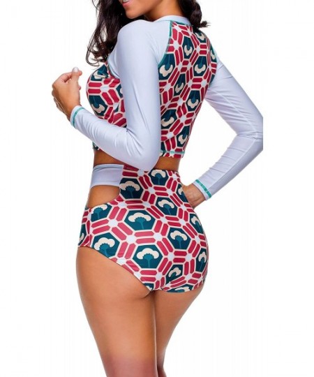 Rash Guards Women Long Sleeve Sun Protection Rash Guard 2 Pieces Swimsuit Set - White - Geometric Print - C318SXMZEUZ