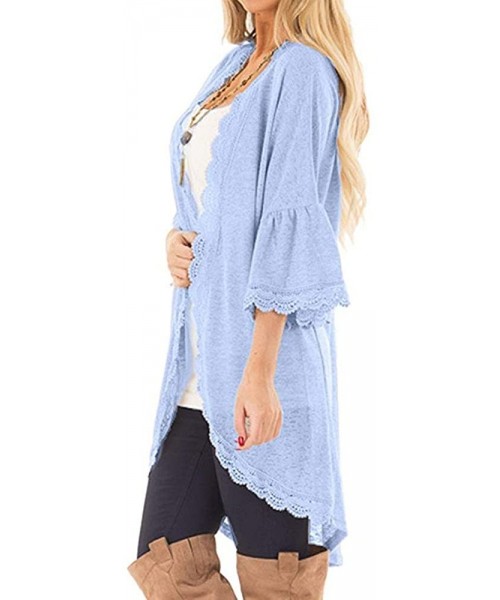 Cover-Ups Casual Chiffon Cardigan Long Sleeve Lace Kimono for Women Solid Blouse Tops - C Blue - CZ18RA2NCWD