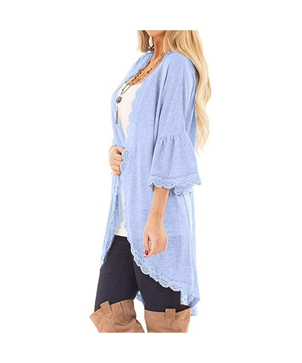 Cover-Ups Casual Chiffon Cardigan Long Sleeve Lace Kimono for Women Solid Blouse Tops - C Blue - CZ18RA2NCWD