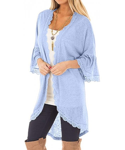 Cover-Ups Casual Chiffon Cardigan Long Sleeve Lace Kimono for Women Solid Blouse Tops - C Blue - CZ18RA2NCWD