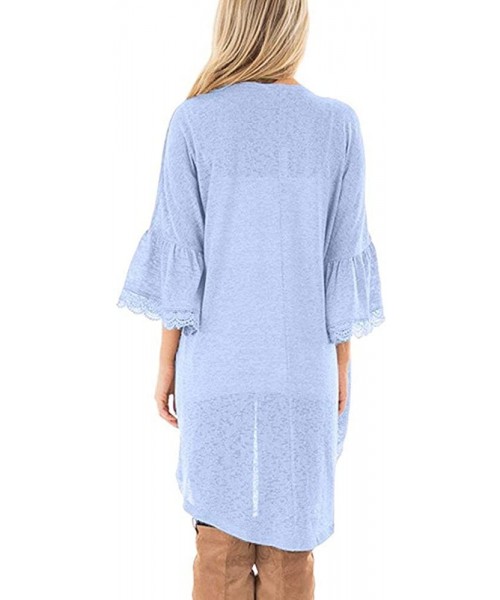 Cover-Ups Casual Chiffon Cardigan Long Sleeve Lace Kimono for Women Solid Blouse Tops - C Blue - CZ18RA2NCWD