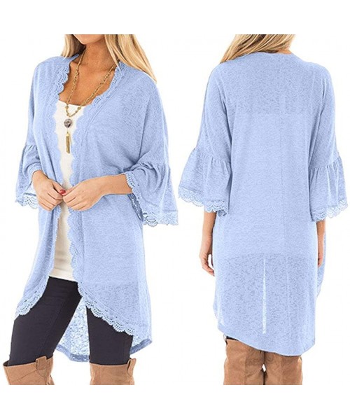 Cover-Ups Casual Chiffon Cardigan Long Sleeve Lace Kimono for Women Solid Blouse Tops - C Blue - CZ18RA2NCWD