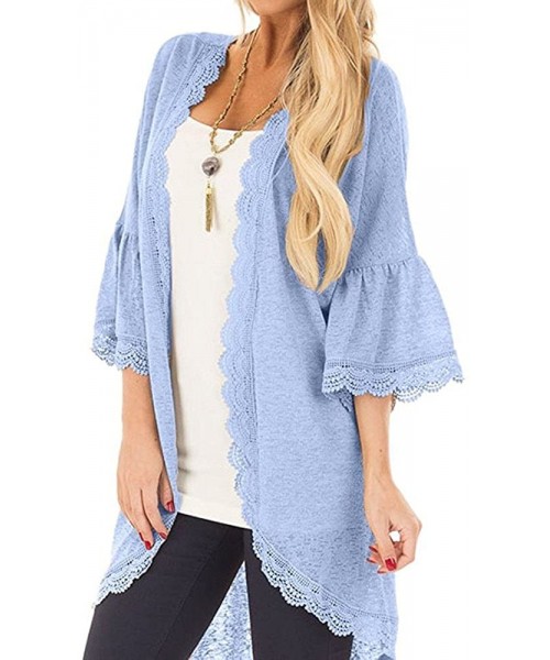 Cover-Ups Casual Chiffon Cardigan Long Sleeve Lace Kimono for Women Solid Blouse Tops - C Blue - CZ18RA2NCWD