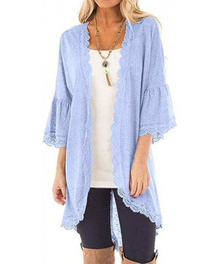 Cover-Ups Casual Chiffon Cardigan Long Sleeve Lace Kimono for Women Solid Blouse Tops - C Blue - CZ18RA2NCWD