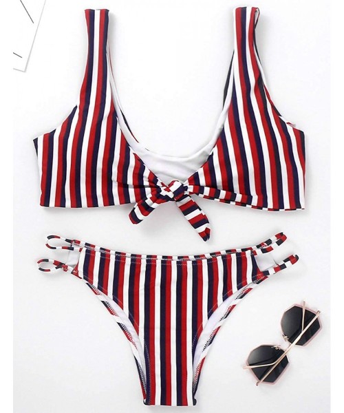 Sets Bikini Swimwear Womens Tie Knot Two Piece Swimsuit Cutout Sexy Bathing Suit Striped Bikini Set - Wine Red Striped - CS18...