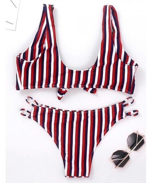 Sets Bikini Swimwear Womens Tie Knot Two Piece Swimsuit Cutout Sexy Bathing Suit Striped Bikini Set - Wine Red Striped - CS18...