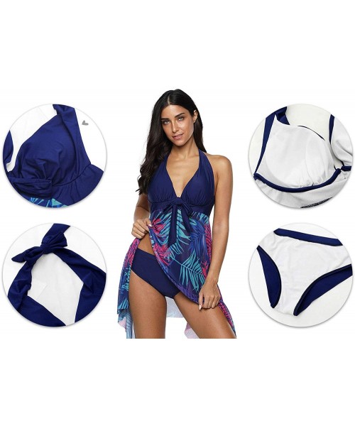 Sets 2 PC Sleeveless Halterneck Palm Tree Leaves High Low Hem Tankini Top and Bikini Bottom Swimsuit Set - Dark Blue - CZ194M...