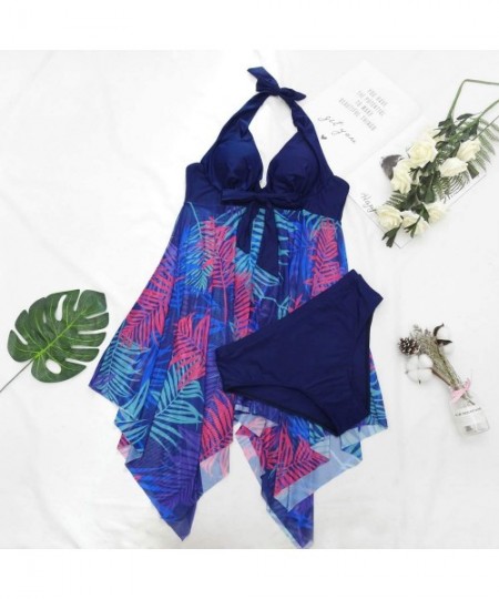 Sets 2 PC Sleeveless Halterneck Palm Tree Leaves High Low Hem Tankini Top and Bikini Bottom Swimsuit Set - Dark Blue - CZ194M...