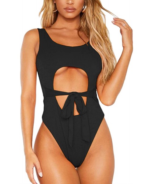 One-Pieces Women's Scoop Neck Cut Out Tie Belted Monokini One Piece Swimsuits - Black - C51943H3ZSX