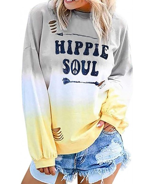 Cover-Ups Blouses for Womens Gradient Patchwork Color Block Long Sleeve Crew Neck Hollow Out Tshirt Tops Sweatshirt 7 Yellow ...