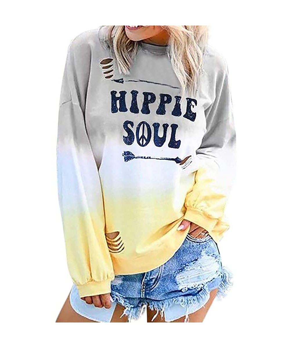 Cover-Ups Blouses for Womens Gradient Patchwork Color Block Long Sleeve Crew Neck Hollow Out Tshirt Tops Sweatshirt 7 Yellow ...