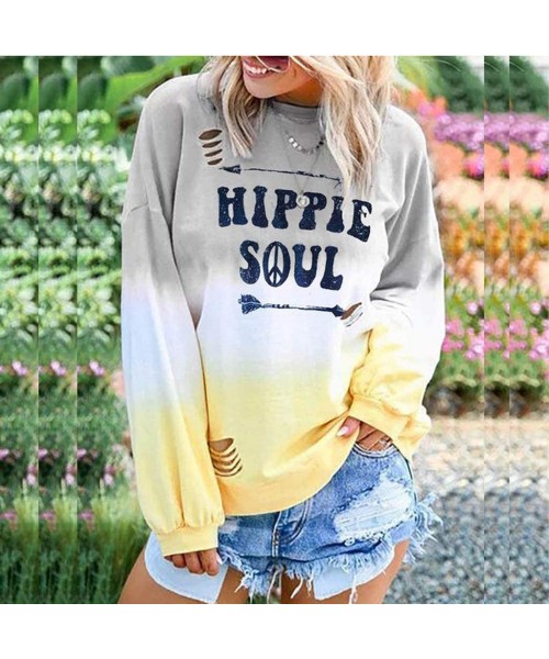 Cover-Ups Blouses for Womens Gradient Patchwork Color Block Long Sleeve Crew Neck Hollow Out Tshirt Tops Sweatshirt 7 Yellow ...