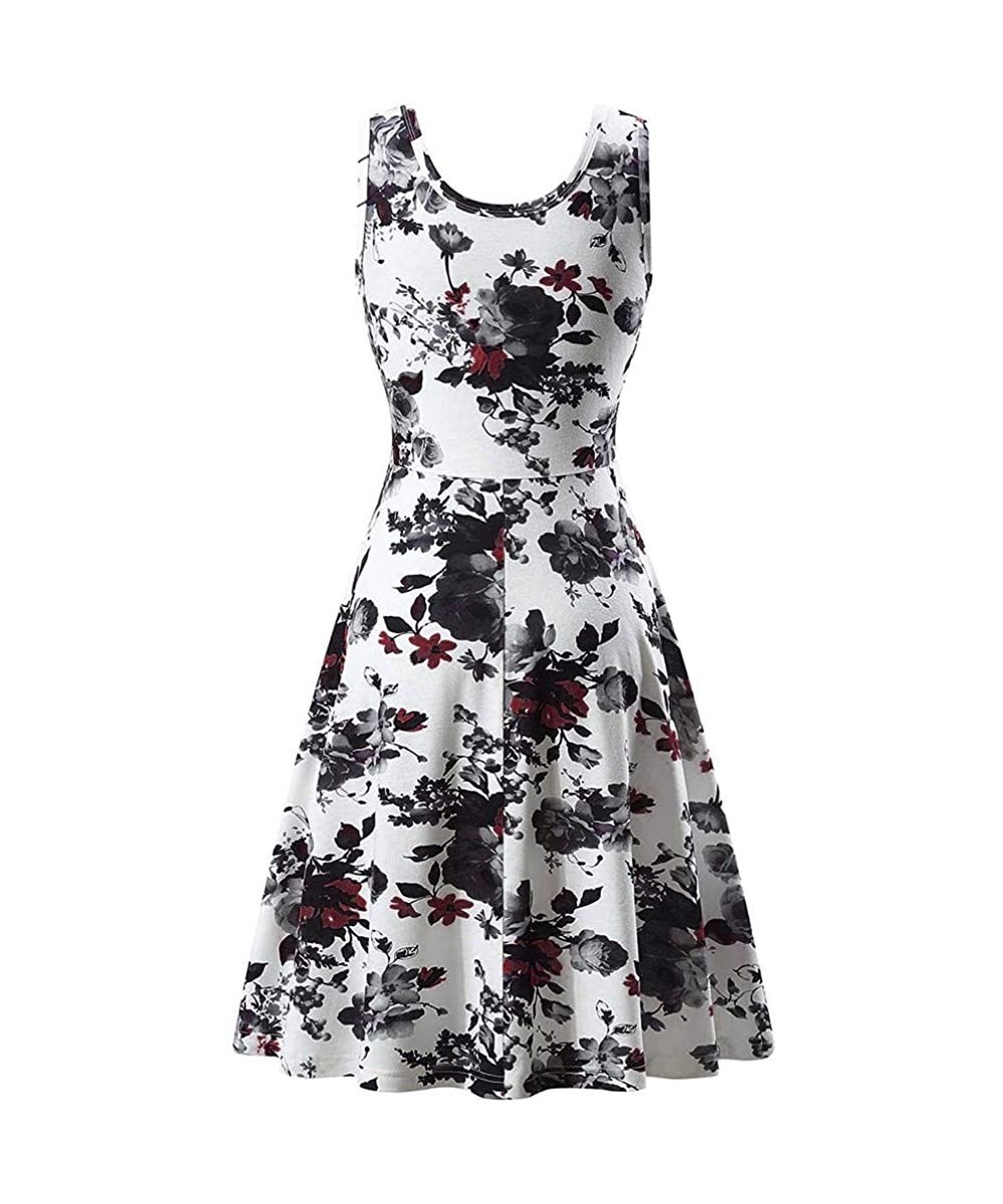 Cover-Ups Women's Summer Casual Lady Print O-Neck Floral Vest Sleeveless Beach Mini Dress- Sleeveless Printed Vest Dress- Wom...