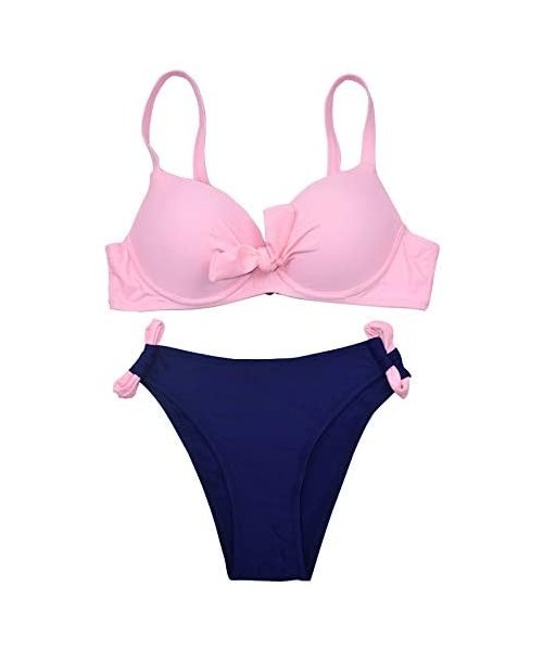 Sets Womens Swimsuit Knotted Front Solid Color High Cut Bikini Set Strap Padded Two Piece Bathing Suits - Pink - CB196H668QW