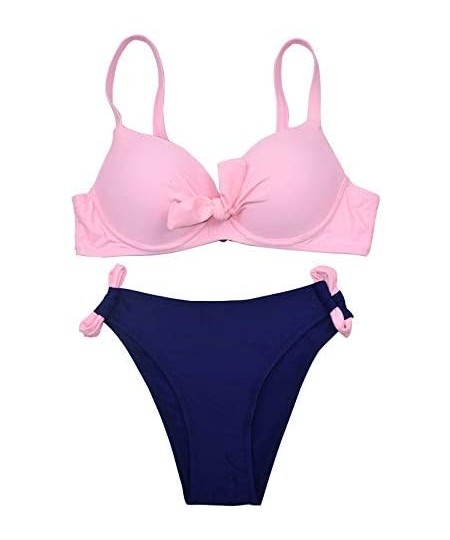 Sets Womens Swimsuit Knotted Front Solid Color High Cut Bikini Set Strap Padded Two Piece Bathing Suits - Pink - CB196H668QW