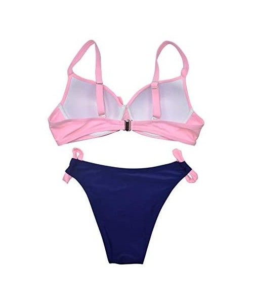 Sets Womens Swimsuit Knotted Front Solid Color High Cut Bikini Set Strap Padded Two Piece Bathing Suits - Pink - CB196H668QW