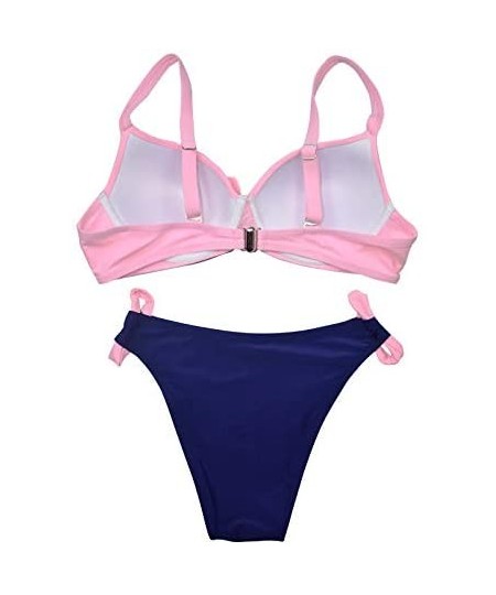 Sets Womens Swimsuit Knotted Front Solid Color High Cut Bikini Set Strap Padded Two Piece Bathing Suits - Pink - CB196H668QW