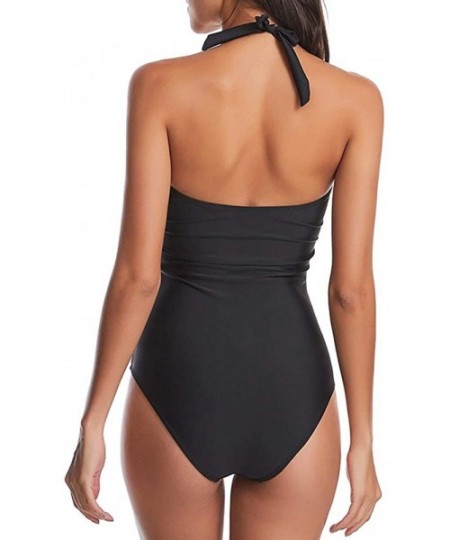 One-Pieces Halter Deep V Neck Swimsuits for Women One Piece Sexy Backless Bathing Suit Swimwear - Solid Black - CZ193H6SAL6