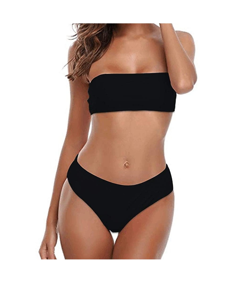 Sets Women's 2 Pieces High Cut Bandeau Bikini Swimsuits Solid Strapless High Waist Bathing Suit - Black - CO18R4T5YZH