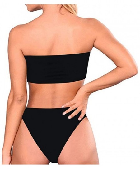 Sets Women's 2 Pieces High Cut Bandeau Bikini Swimsuits Solid Strapless High Waist Bathing Suit - Black - CO18R4T5YZH