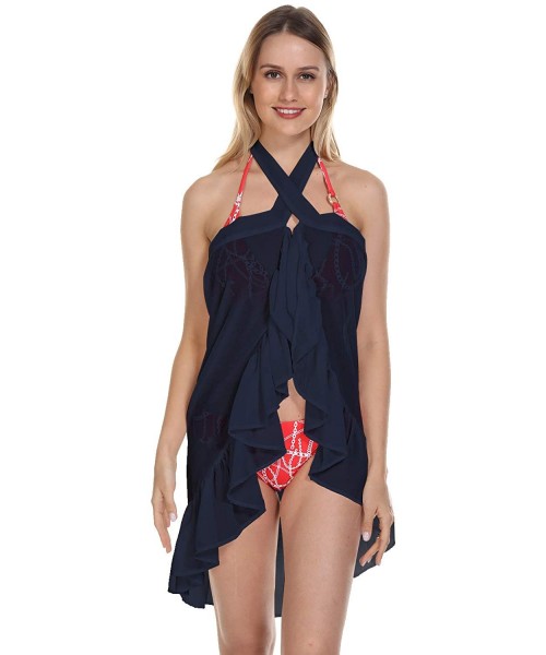 Cover-Ups Womens Beach Sarong Chiffon Cover Up Bikini Sarong Swimsuit Wrap Skirts - Navy - C51947ITE5A