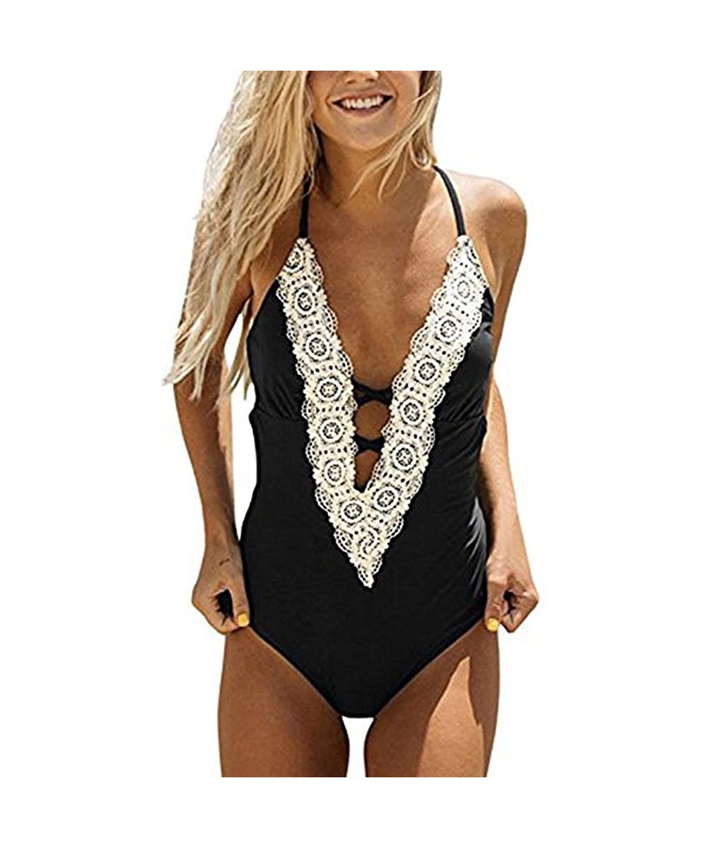 One-Pieces Womens Sexy Vintage Deep V Neck Lace One Piece Bikini Sets Fashion Beach Swimsuit Monokini Swimwear Bathing Suits ...