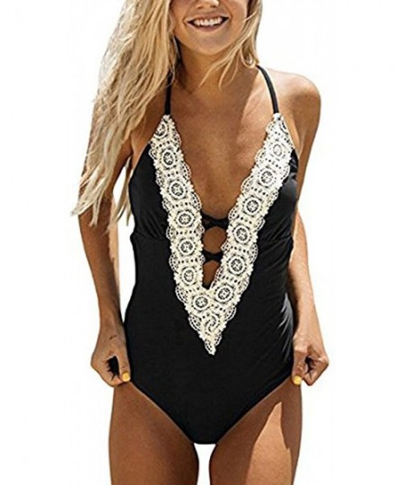 One-Pieces Womens Sexy Vintage Deep V Neck Lace One Piece Bikini Sets Fashion Beach Swimsuit Monokini Swimwear Bathing Suits ...