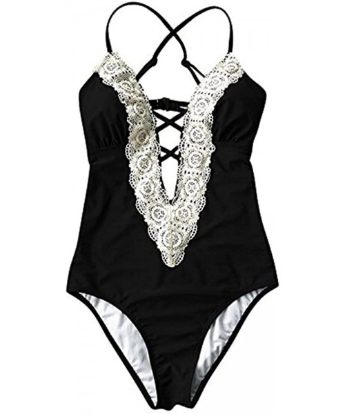 One-Pieces Womens Sexy Vintage Deep V Neck Lace One Piece Bikini Sets Fashion Beach Swimsuit Monokini Swimwear Bathing Suits ...