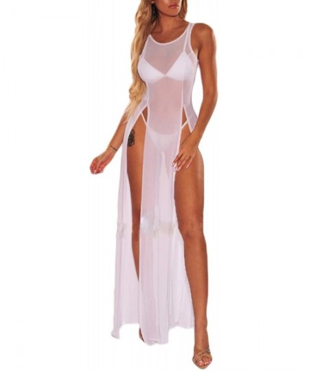 Cover-Ups Womens See Through Sheer Mesh Sleevless Side High Split Swimsuit Cover Up Beach Long Maxi Tank Dress Bikini Cover-u...