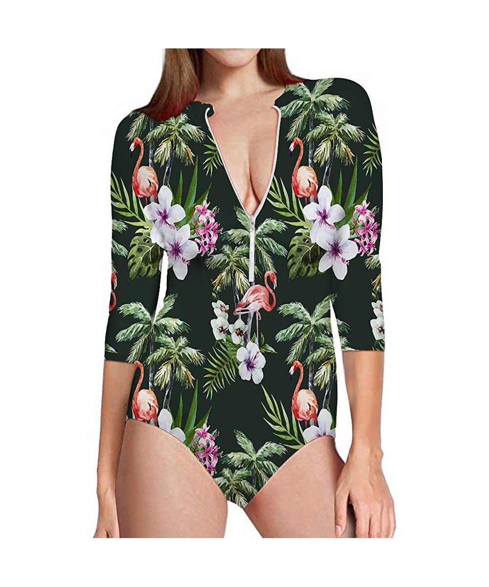 One-Pieces Flamingo Women's One Piece Swimsuits Long Sleeve UV Protection Surfing Rash Guard Zip Bathing Suit Swimwear - C818...